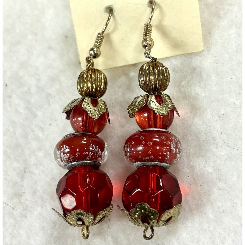 Vintage Red Art Glass Bead Dangle Earrings Gold Tone Boho Drop Pierced